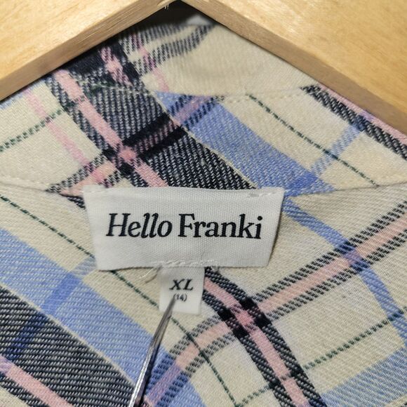 New Hello Franki Button Up Size XL Shirt Plaid Long Sleeve Pocket Womens - Picture 4 of 7